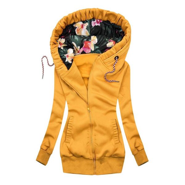 

women's jackets women jacket winter solid color stitching flower prints hooded pockets zipper sweatshirt windbreaker long coat, Black;brown
