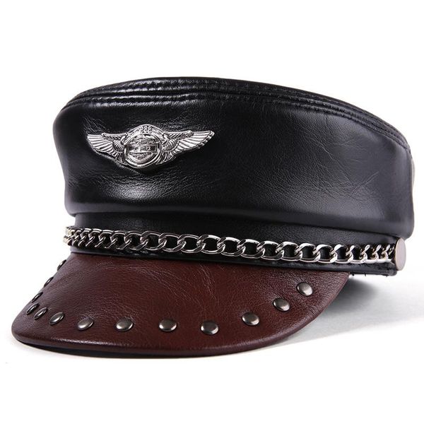 

wide brim hats qpalcr genuine leather hat cowhide military for men women hip-hop sailo cap 100% germany officer visor, Blue;gray