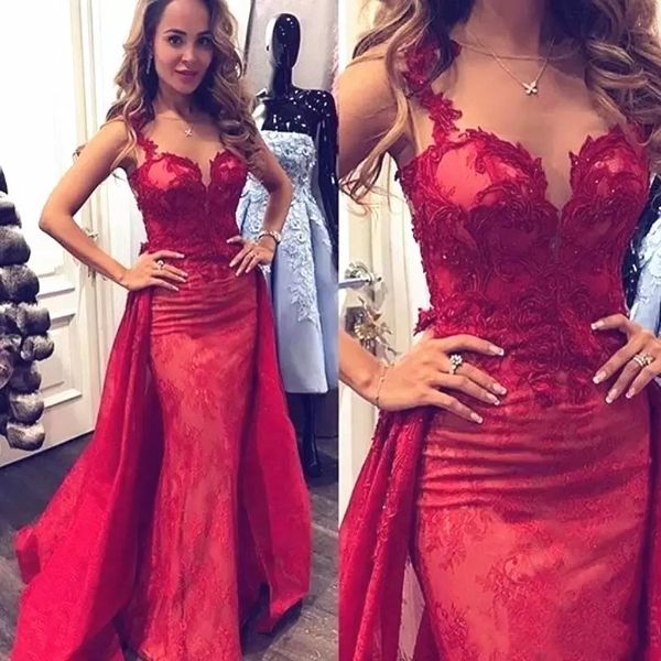 

jewel sheer neck mermaid prom dresses sleeveless lace appliques floor length formal evening gowns with detachable overskirt, Black