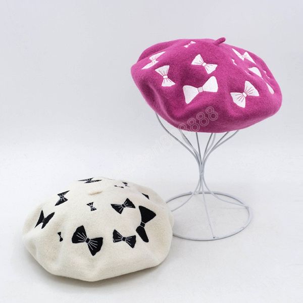 

autumn and winter women fashion retro bow embroidered hat korean british beret caps artist cap woman hats, Blue;gray