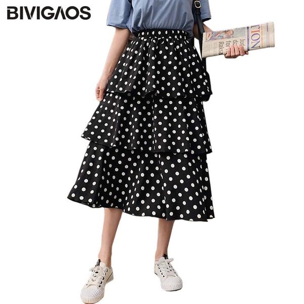 

skirts bivigaos 2021 summer retro korean ladies three-layer cake skirt chiffon a-line fairy midi black white dots