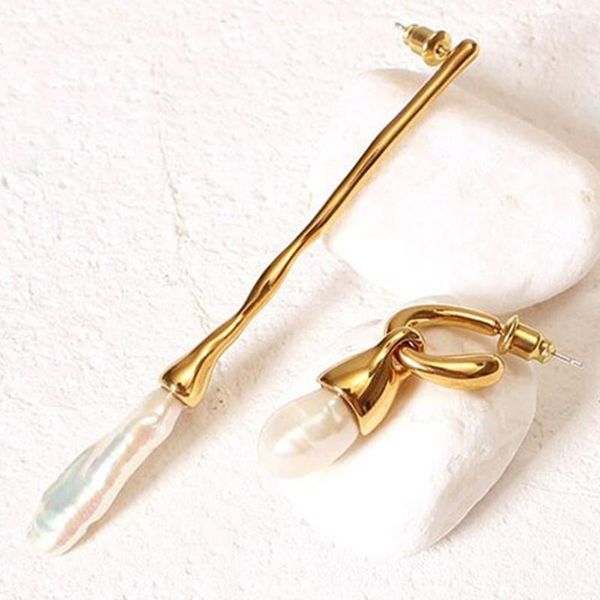 

stud in 2021 natural freshwater pearl drop earrings long bar irregular drops vintage c shape asymmetric, Golden;silver