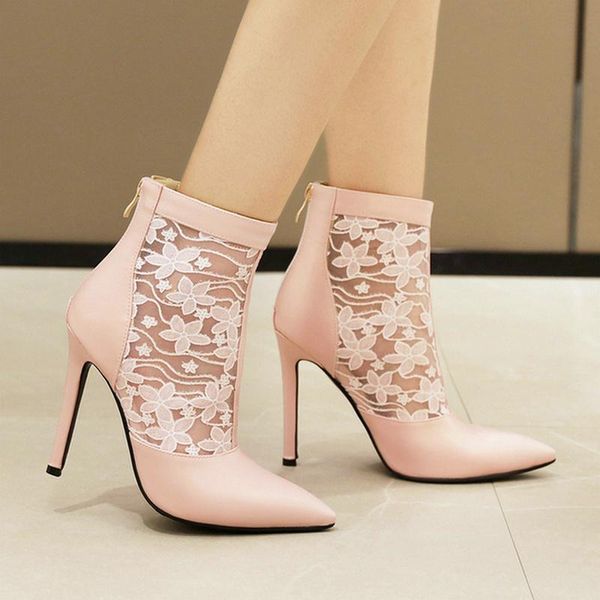 

leather summer women ankle boots fashion pointed toe thin high heel short lace dress women's shoes, Black