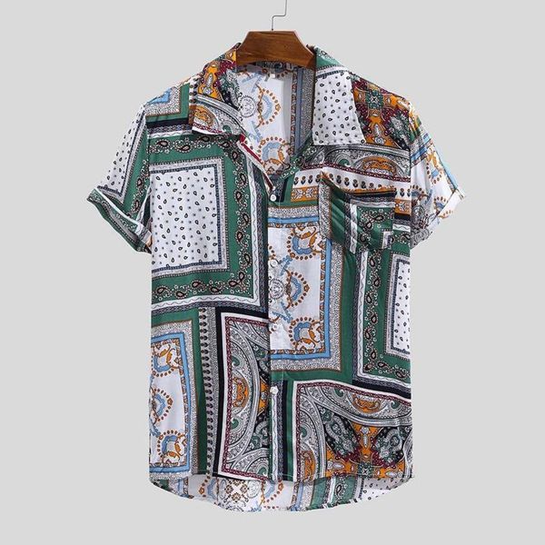 

men's casual shirts vintage ethnic printed turn down collar short sleeve loose male plus size oversized hawaiian, White;black