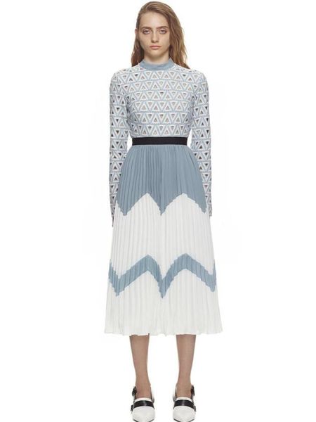 

casual dresses autumn arrival stand collar long sleeve color block woman pleated lace chiffon dress sky blue e491, Black;gray