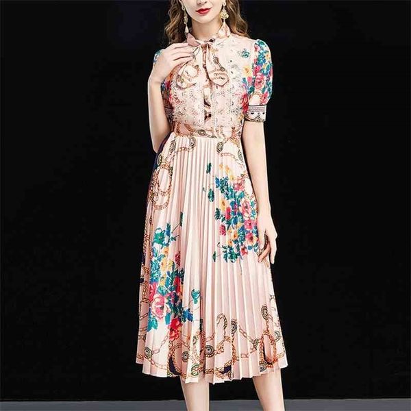 

retro literary bow lace beaded print waist thin pleated dress women office lady polyester knee-length 210416, Black;gray