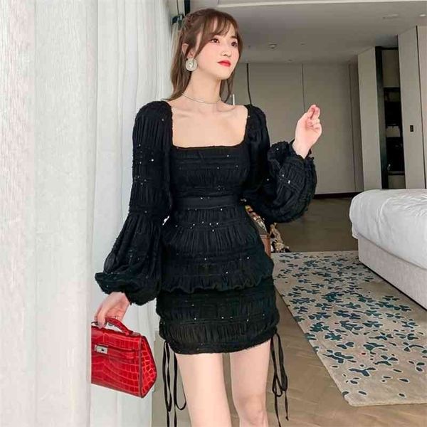 

square neck sequin dress with black long sleeves slim fit buttocks 210416, Black;gray