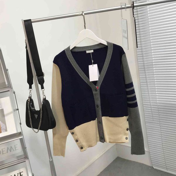 

design clothing + autumn color blocked sleeve knitted cardigan women's v-neck elastic coat with college style four bar sweater, White;black