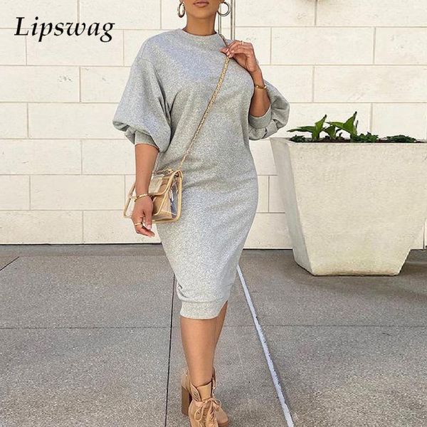 

casual dresses female autumn loose sweatshirt dress spring elegant lantern sleeve party women mujers fashion o neck pullover, Black;gray
