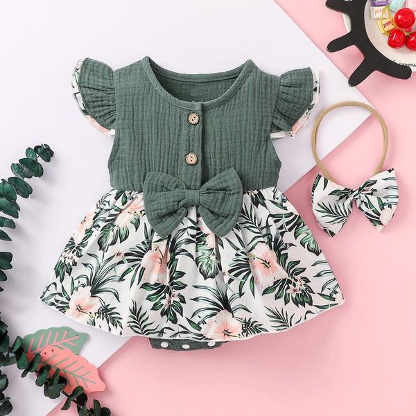 

rompers born infant baby girls dress bodysuit cotton linen bowknot floral print ruffle sleeve summer 0-24 months, Blue