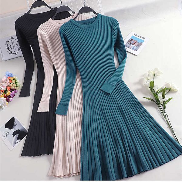 

casual dresses autumn winter long sleeve thick sweater women elegant robe hiver streetwear a-line knitted jv7v, Black;gray