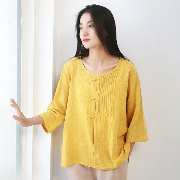 

johnature women 7 color t-shirts bamboo cotton button summer soft women cloths fold o-neck nine sleeve t-shirts 210521, White