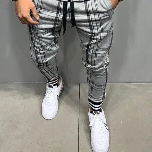 

plaid printed men pants jogging fitness joggers men's high street trousers striped stitching slim training sweatpants, Black