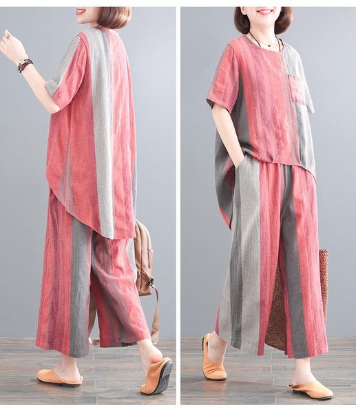 

linen 2 piece set wholesale clothing women literary striped matching sets leisure two outfits summer cotton tracksuits dress, White