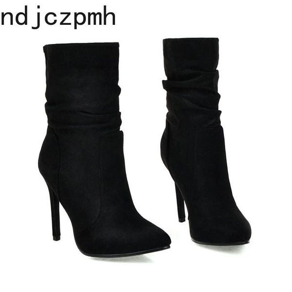 

boots women's the winter fashion flock pointed fine heel high ankle shoes 34-39 height 10.5cm black