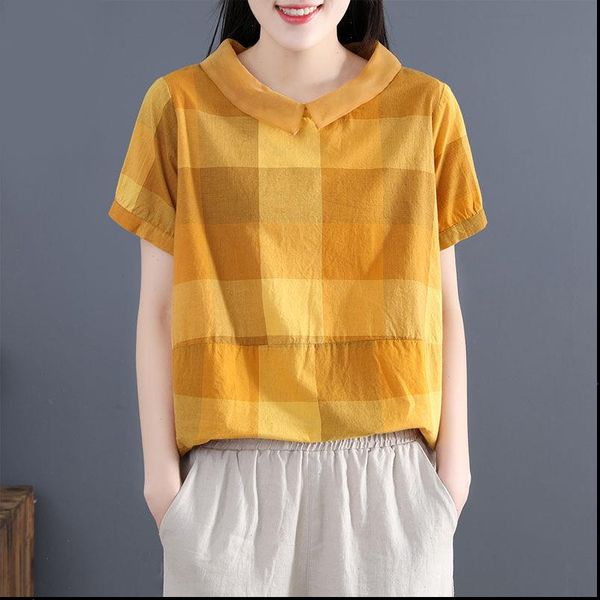 

summer arts style short sleeve women shirt loose casual peter pan collar blouses cotton linen plaid shirts plus size m32, White