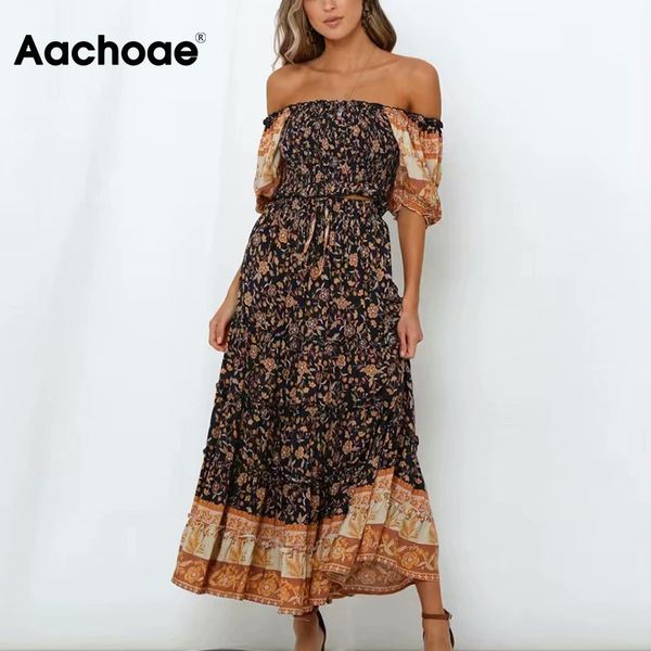 Bohemian Floral Print Sommer 2 Stück Set Frauen Off Schulter Crop Top Sets Rüschen Midi Röcke Damen Vintage Outfits 210413