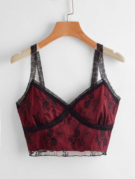 

plus contrast lace crop cami c8we#, Black