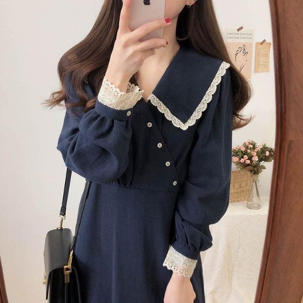 

casual dresses spring autumn retro yamamoto frosty long dress fairy female knee student doll collar womens sleeve, Black;gray