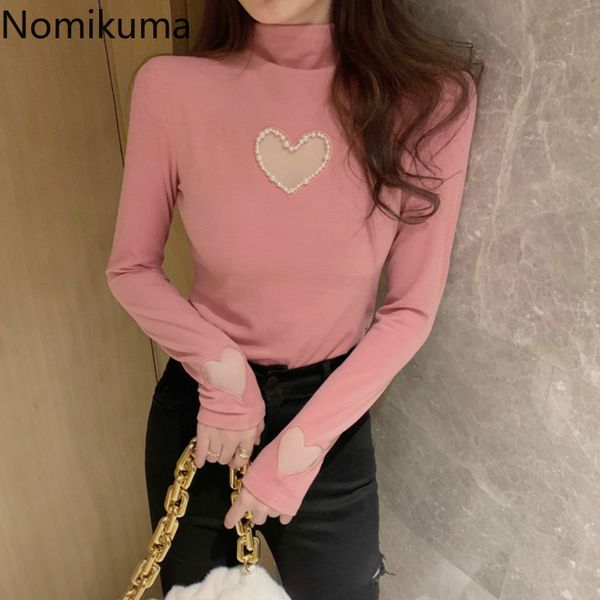 Nomikuma T Shirt Donna Pearl Design Love Heart Pattern Dolcevita Manica lunga Basic Cropped Top Magliette stile coreano Donna 210514