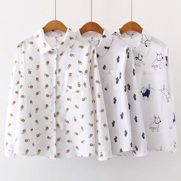 Mulheres Blusas Dos Desenhos Animados Dog Bee Imprimir Tops Feminino Manga Longa Plus Size 2XL 3XL Camisas Senhoras Roupas De Algodão Moda Mulheres Camisas 210410