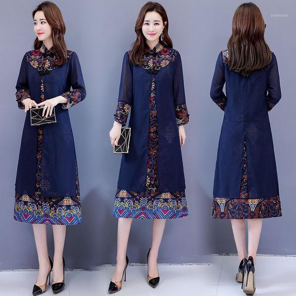 

casual dresses chinese national style fake two-piece dress spring mandarin collar vintage printed party women elegant vestido, Black;gray