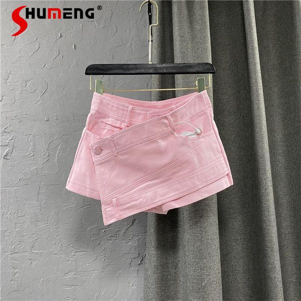 

women's jeans pink shorts for women 2021 summer fashion asymmetric culottes denim loose natural waist pants, Blue