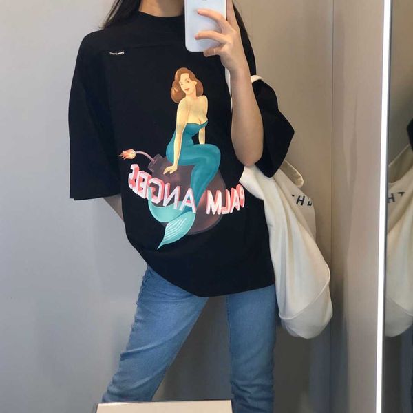 

angel pa/lm pa/lm mermaid bomb back letter print loose short sleeve t-shirt for men and women zxui, White;black