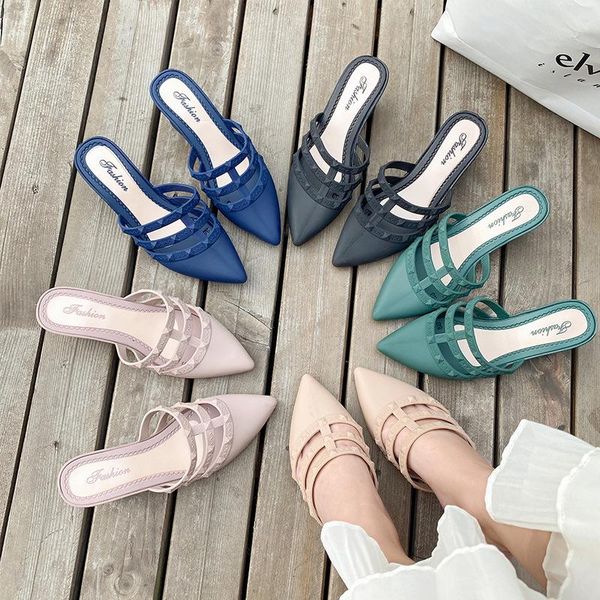 

slippers 2021 qiwn style slope heel half slipper, female willow nail, high heel, wear outdoor, plastic sandals, summer, Black