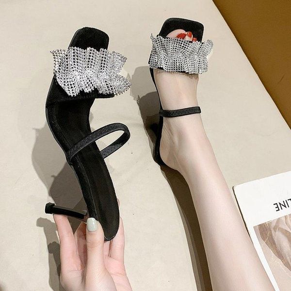 

dress shoes crystal stiletto high heels sandals women thin heel slingback diamond evening wedding pumps, Black