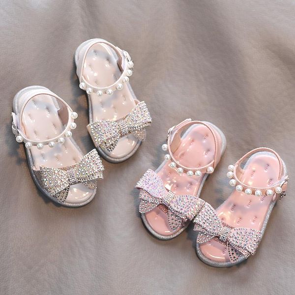 

sandals girls 2021 summer pearls princess shoes baby kids bling bowtie beach string bead children toddlers, Black;red