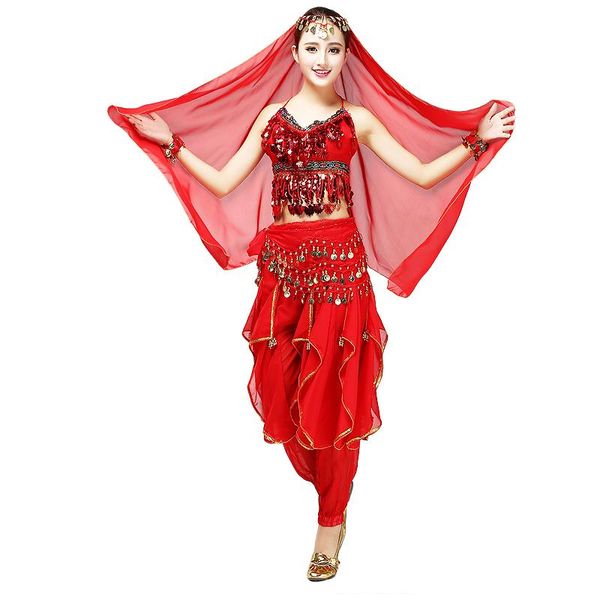 

stage wear dance performance costumes belly suit bollywood carnival with sequin 4pcs set pants,hip scarf,head veil, Black;red
