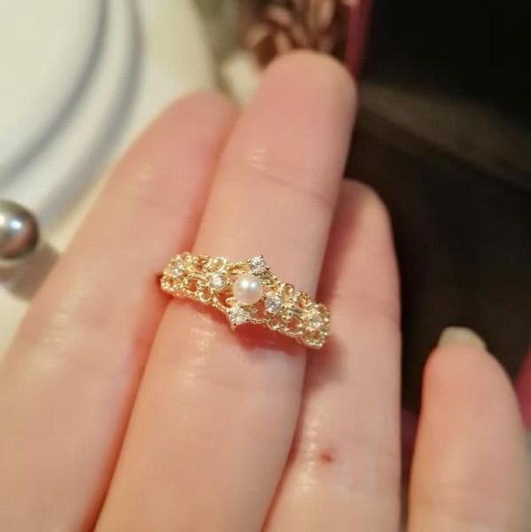 

cluster rings light and luxury jewelry s925 silver ring female simple plating gold retro hollow freshwater pearl, Golden;silver