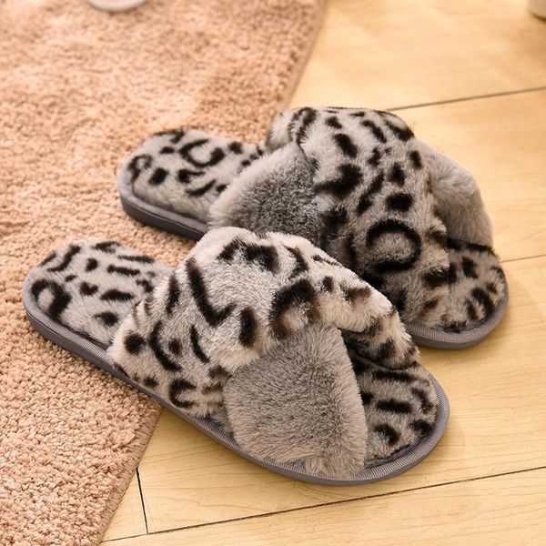

winter leopard print slippers women's household cross plush slip warm cotton, Black