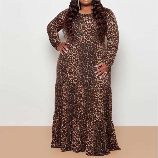 

4xl 5xl plus size leopard womens dresses print floor length long sleeve high waist vintage for evening party autumn winter, Black;gray