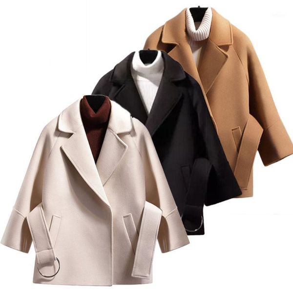 

women's wool & blends vicabo women coat turn down collar woolen long sleeve loose jackets with belt fashion cardigan windbreaker femme, Black