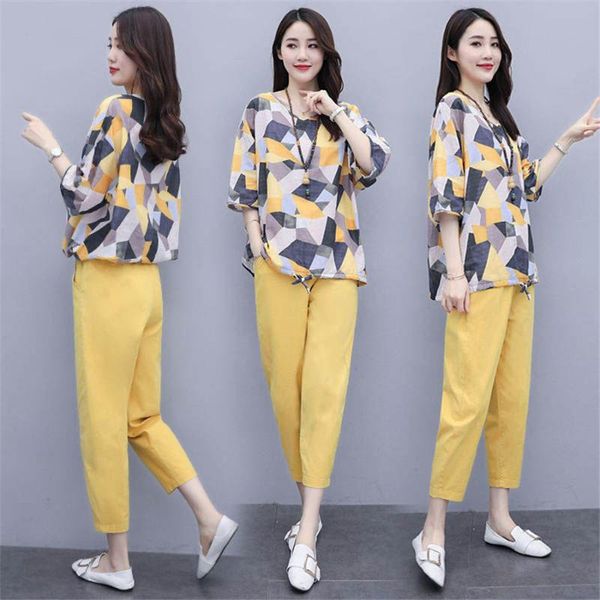 

women's tracksuits plus size summer two piece set women loose printed shirt + pants suits office lady fashion setsm-4xl, Gray
