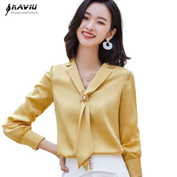 Volta para o pescoço camisa de camisa das mulheres manga comprida Outono moda temperamento solto amarelo cetim blusas escritório senhoras funcionamento formal top 210604