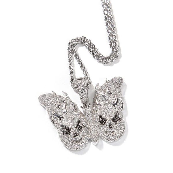 

hip hop micro paved cubic zirconia bling iced out flame skull butterfly pendants necklaces for men rapper jewelry drop pendant, Silver