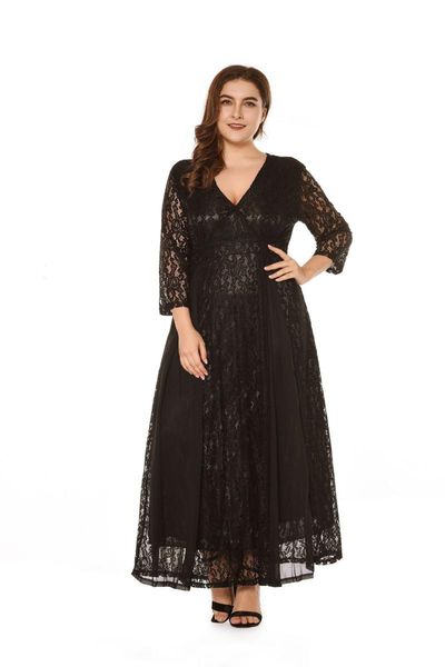 

casual dresses plus size women lace dress v neck high waist elegant maxi long party three quarter sleeve vintage vestidos, Black;gray