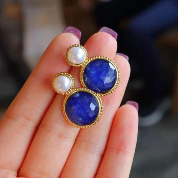 

dangle & chandelier s925 sterling silver 24k plating natural pearls lapis earrings fine personality european style women's jewelry meib