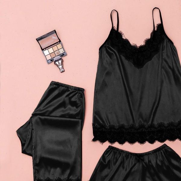 

3pcs satin lingerie underwear womens sleepwears babydoll silk nightgowns amp sleepshirt nightwear sleepwear strap solid color lace set, Black;red