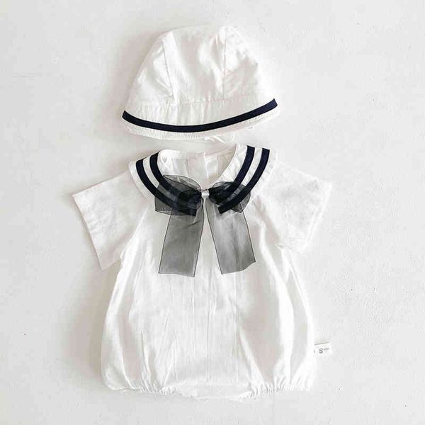

summer kids girl clothes infant baby girls short sleeve navy wind rompers + hat born 210429, Blue