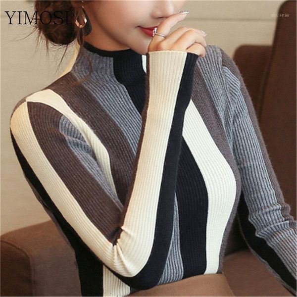 

casual striped print knitted sweater women autumn winter turtleneck long sleeve jumper 2021 retro korean slim pullover women's sweater, White;black