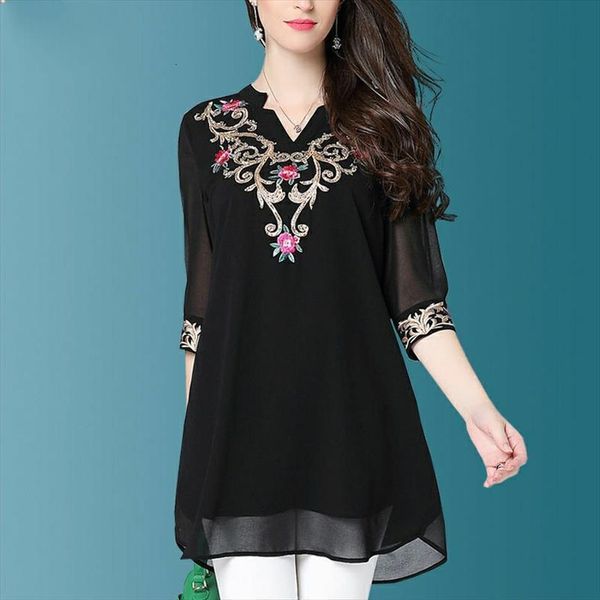 

spring autumn style solid color womens blouses v neck korean oversize half sleeve embroidery loose l 5xl, White