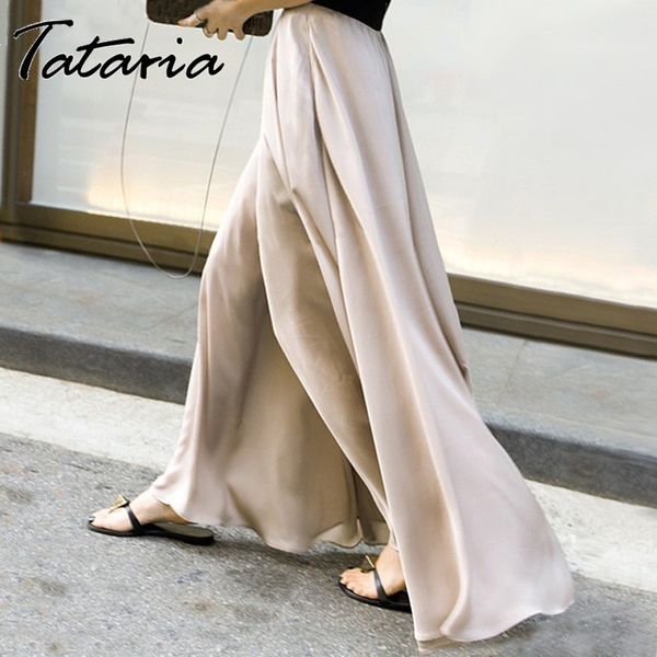 Kadın Saten Pantolon Harajuku Geniş Bacak Yüksek Bel Yaz Uzun Gevşek Artı Boyutu Nedensel Culottes Pantolon Femme Pantalones 3XL 210514