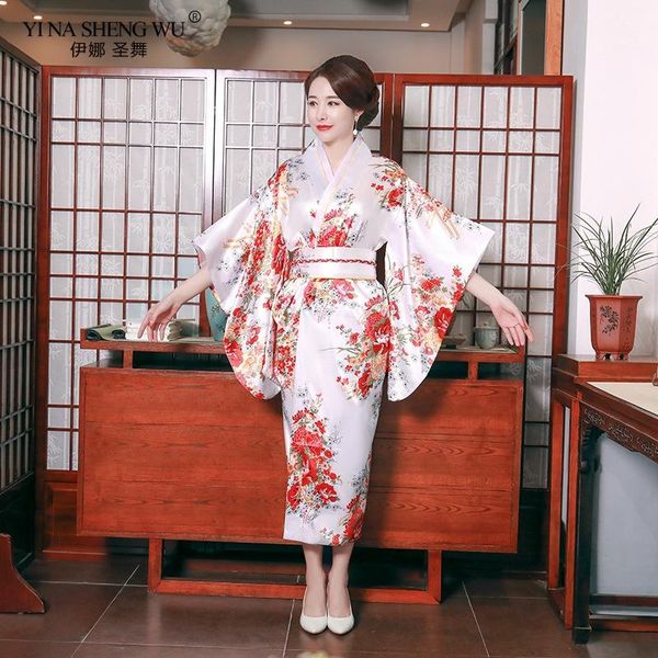 

japanese kimono traditional dress with elegant bow-knot yukata women oriental evening stage costumes ethnic clothing, Red