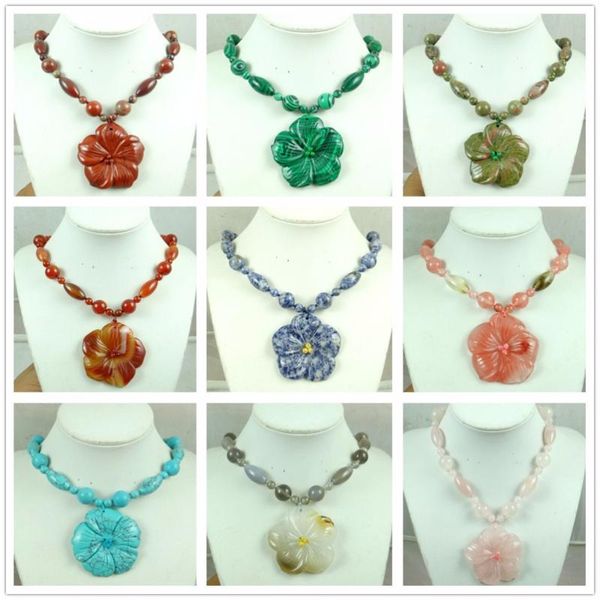 

pendant necklaces wholesale fashion beautiful natural carved stone flower gem necklace jewellery making, Silver