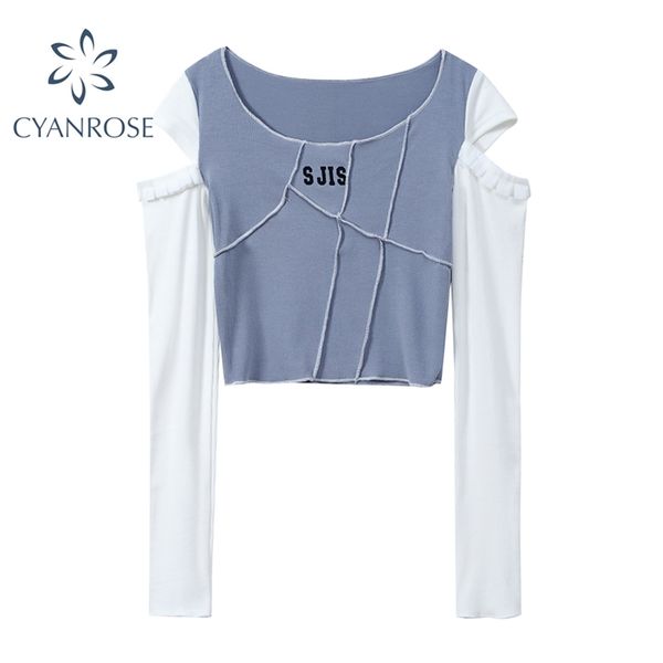 

off shoulder skinny cropped t shirt women long sleeve bodycon e-girl aesthetic vintage irregular patchwork tees and female 210430, White