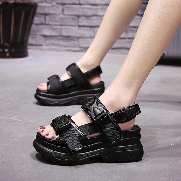 

summer sale leather platform sandals women women's chunky shoes fashion buckle thick soled casual woman beach dress, Black